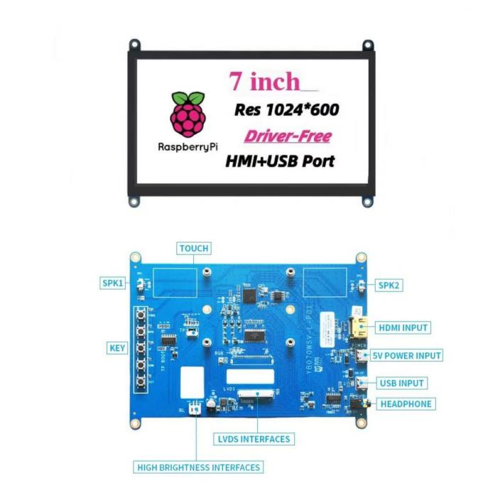 7 Inch 1024x600 HDMI LCD Display with 5-Point Capacitive Touch and Raspberry Pi CompatibilityÃÂ¯ÃÂ¼Ãâ 450/800cd/mÃâÃÂ² Optional ÃÂ¯ÃÂ¼Ã¢â¬Â° 0