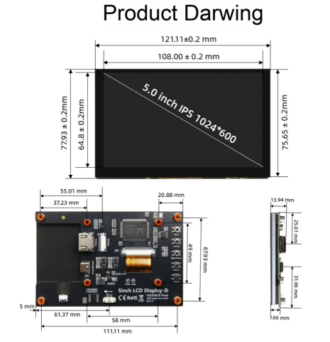 YBC050PKH-Q2 5 Inch 1024Ã600 HDMI LCD Display with 5-Point Capacitive Touch for Raspberry Pi 0