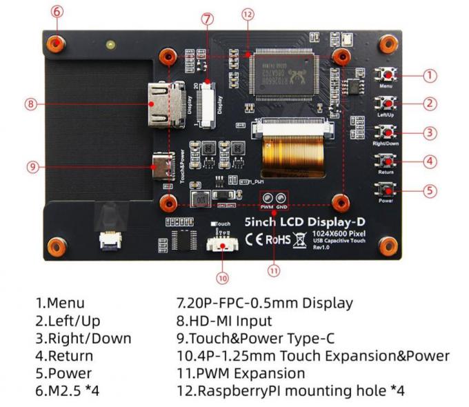 YBC050PKH-Q2 5 Inch 1024Ã600 HDMI LCD Display with 5-Point Capacitive Touch for Raspberry Pi 1